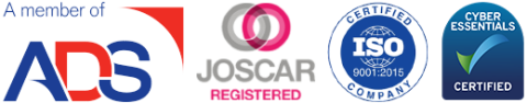 ADS, Joscar, ISO Cyber Essentials Certified logos